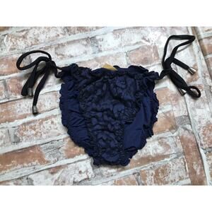 Philippe Matignon Bikini Bottom Ruffle side Strings Sz XS/S Blue Black Flowers